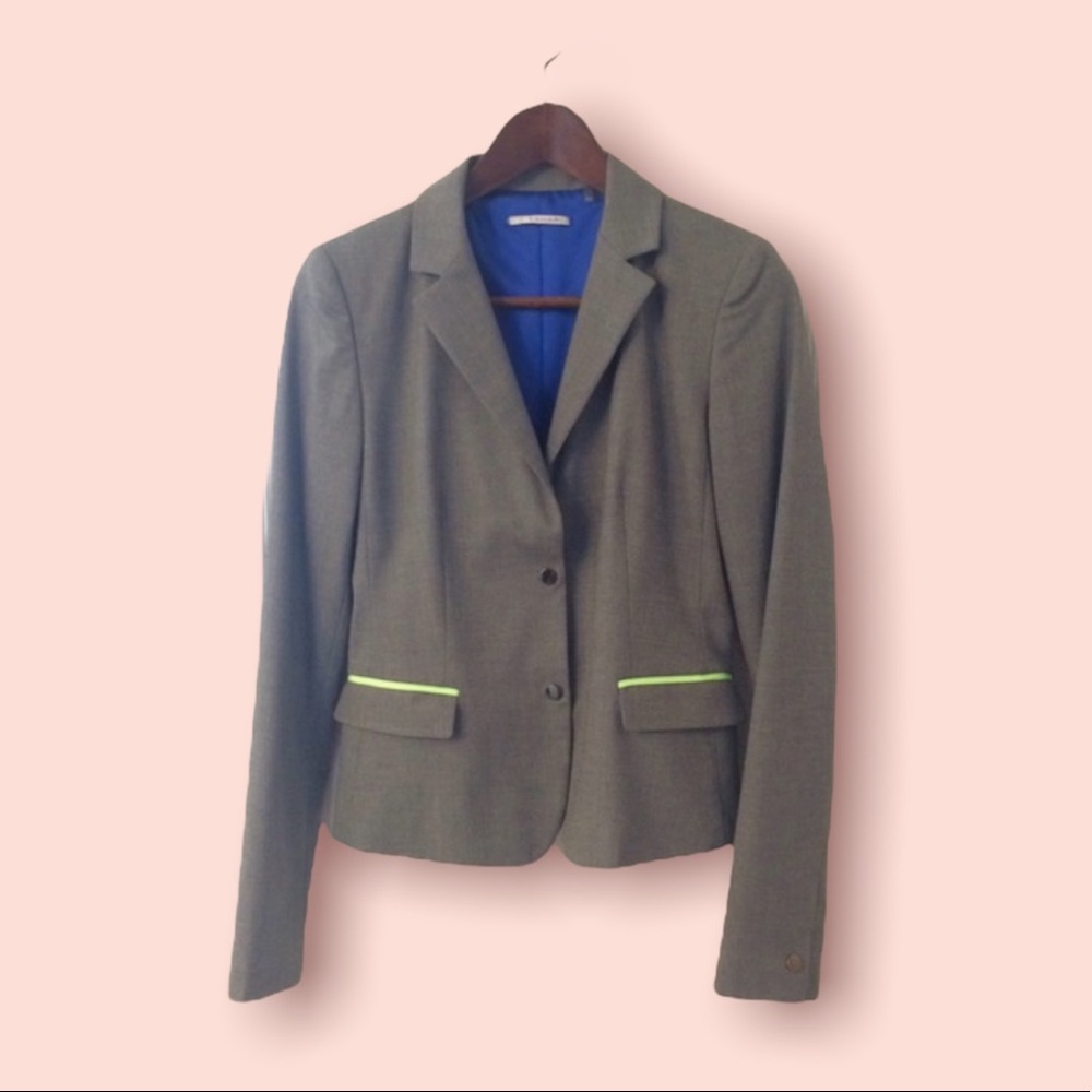 Gray Tahari Blazer with Neon Green Striped Pocket
